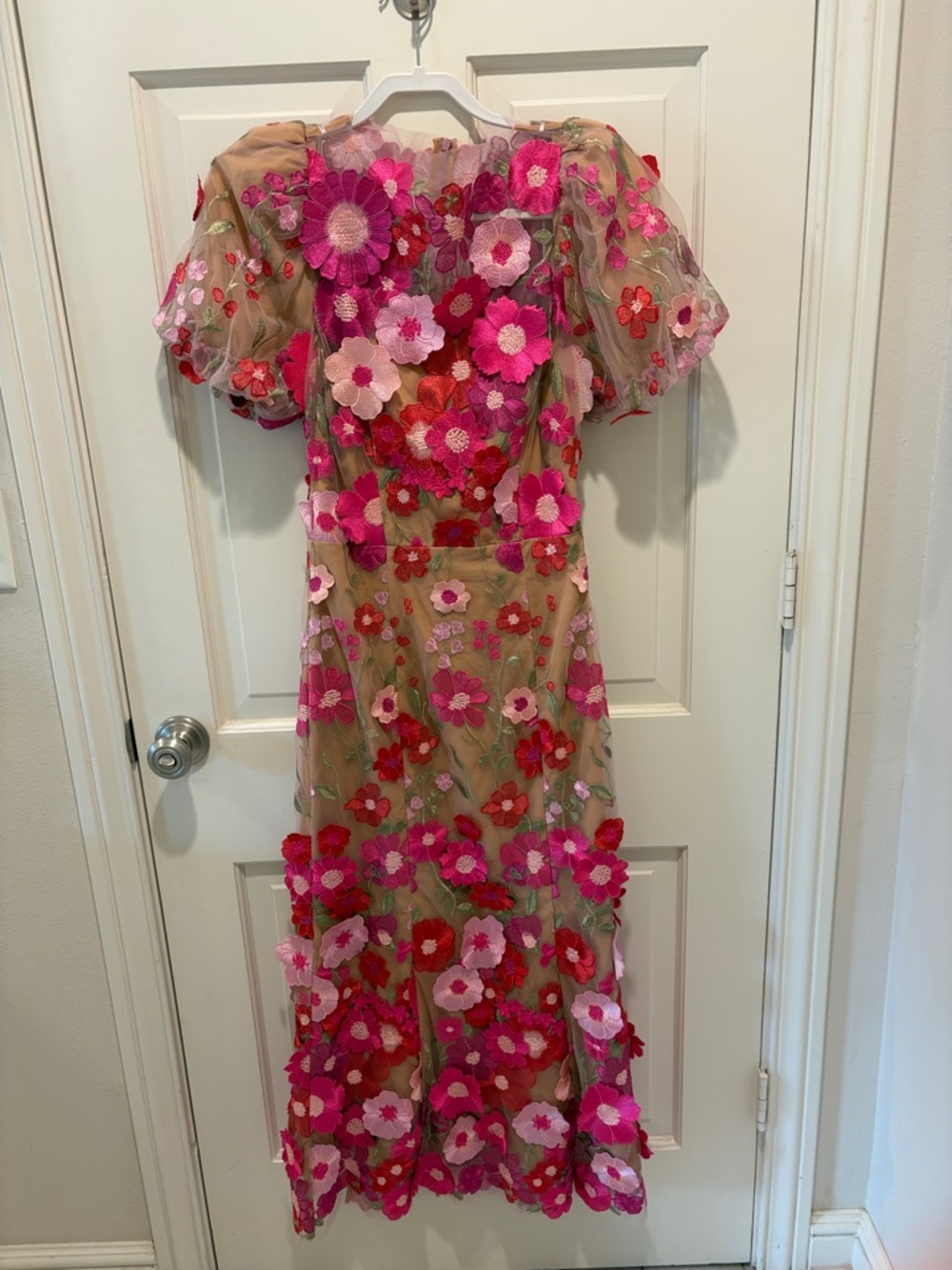 Elliatt Floral Embroidered Midi Dress in Pink and Red